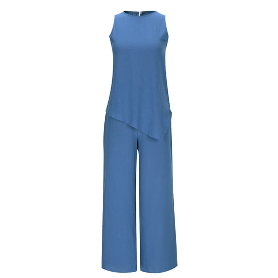 Riecok Outfit Sets for Women Crewneck Sleeveless Pullover Tops and Pant Solid Comfortable Loungewear with Pockets