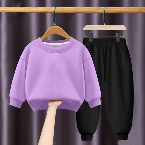 Riecok Outfits Clothes Girls Crewneck Long Sleeve Sweatshirt Tops and Jogger Pants Casual Fashion Solid Color 2PCS Fall Winter Outfits Set Purple 4 Years