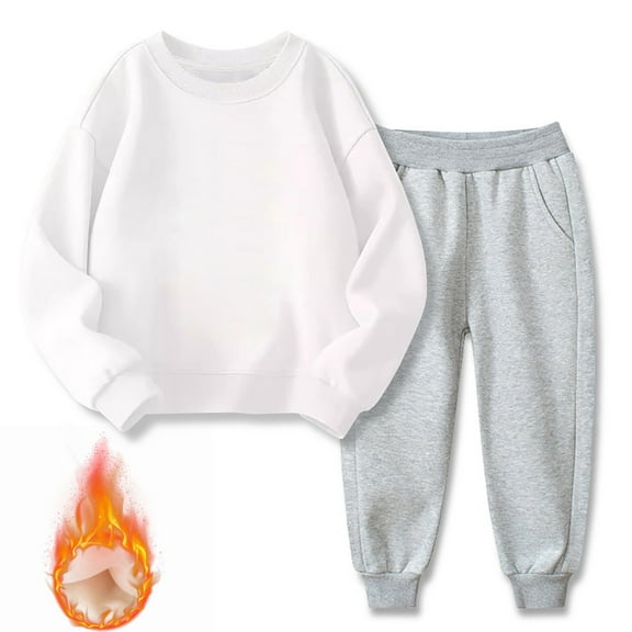 Riecok Outfits Clothes Girls Round Neck Long Sleeve Sweatshirt Tops and Jogger Pants Casual Fashion Solid Color 3PCS Fall Winter Outfits Set White 2 Years