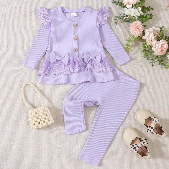 Riecok Outfits Clothes Girls Round Neck Ruffle Long Sleeve Tops and Leggings Pants Casual Fashion Solid Color 2PCS Fall Winter Outfits Set Purple 80