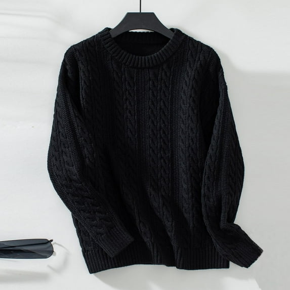 Riecok Oversized Knit Sweater Long Sleeves Crewneck Lightweight Solid Color Fall and Winter All-match Casual Fashion Knit Tops Sweaters Black L