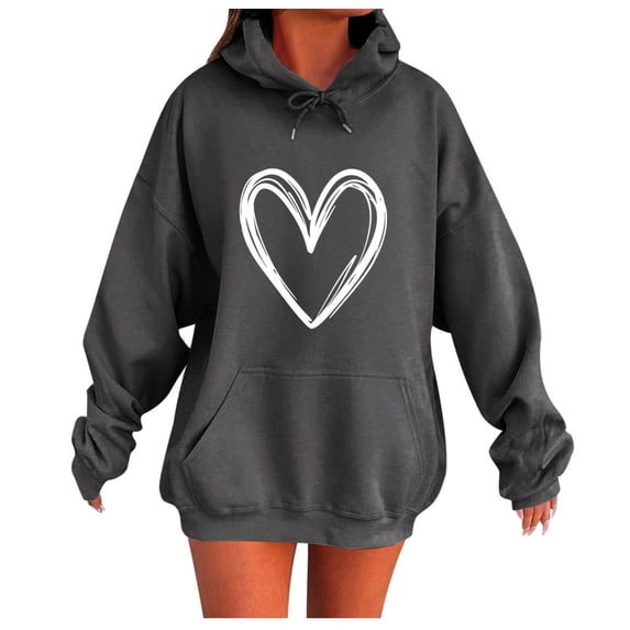 Riecok Oversized Sweatshirt for Women Long Sleeve Hooded Pullover Pullover Tops with Pocket Heart Print Casual Fall Clothes