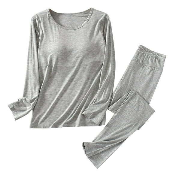 Riecok Pajama Sets for Women Plus Size PJ Set Crewneck Loungewear Set Long Sleeve Tops and with Padded Pants Solid Breathable Soft Sleepwear