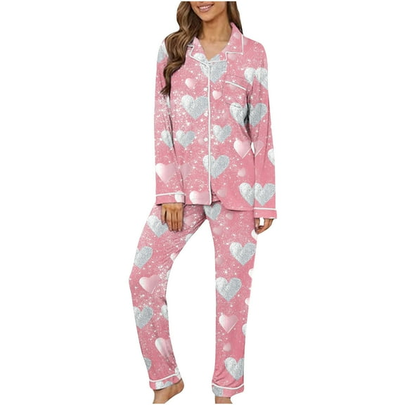 Riecok Pajama Sets for Women Plus Size PJ Set Long Sleeve Button down Shirts and Pants Cute Print Cozy Soft Sleepwear