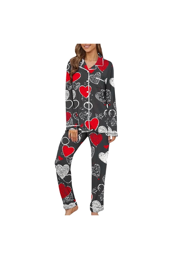 Pajama Sets for Women Plus Size PJ Set Long Sleeve Button down Shirts and Pants Heart Print Baggy Soft Sleepwear