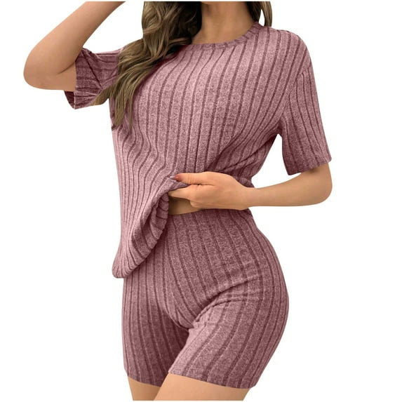 Riecok Pajama Sets for Women Shorts Ribbed Short Sleeve Tops and Pants Solid Breathable Soft Sleepwear