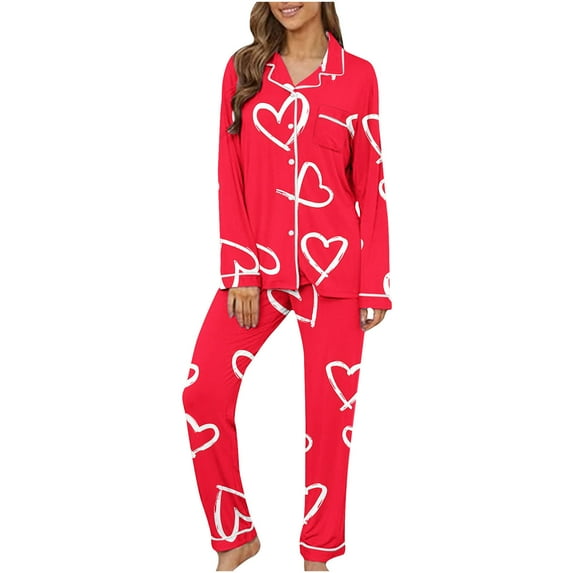 Riecok Pajama Sets for Women Valentine's Day Long Sleeve Button down Shirts and Pants Heart Print Breathable Soft Sleepwear