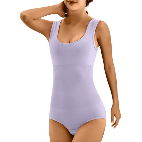 Riecok Plus Size Bodysuit Shapewear Seamless Stretchy Sleeveless Jumpsuits Solid Spaghetti Strap Workout Shapewear