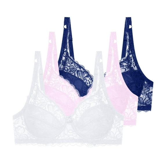 Riecok Plus Size Bra for Women Lace 3 Pack Underwire Bras Full Coverage Push Up Bras Breathable Comfortable Bras