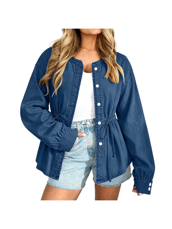 Plus Size Denim Jackets for Women Long Sleeve Button down Coats Drawstring Waist Jean Jackets Casual Fall Outerwear M