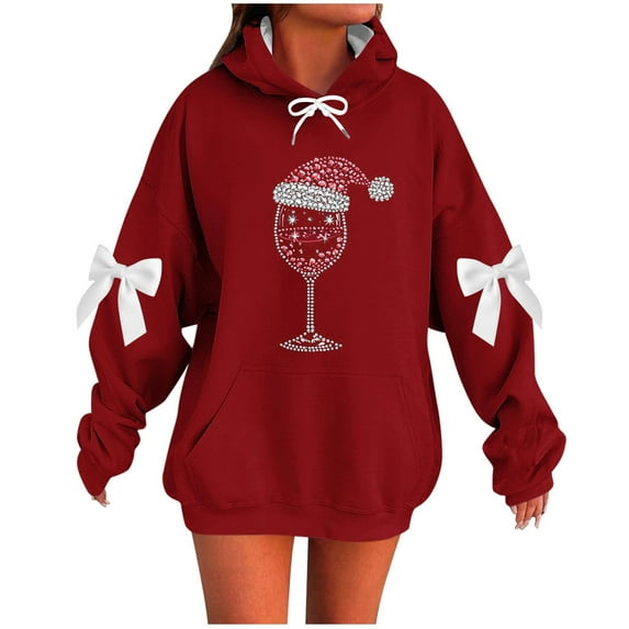 Riecok Plus Size Hoodies for Women Christmas Long Sleeve Sweatshirts Bow Drop Shoulder Tops Trendy Fall Clothes