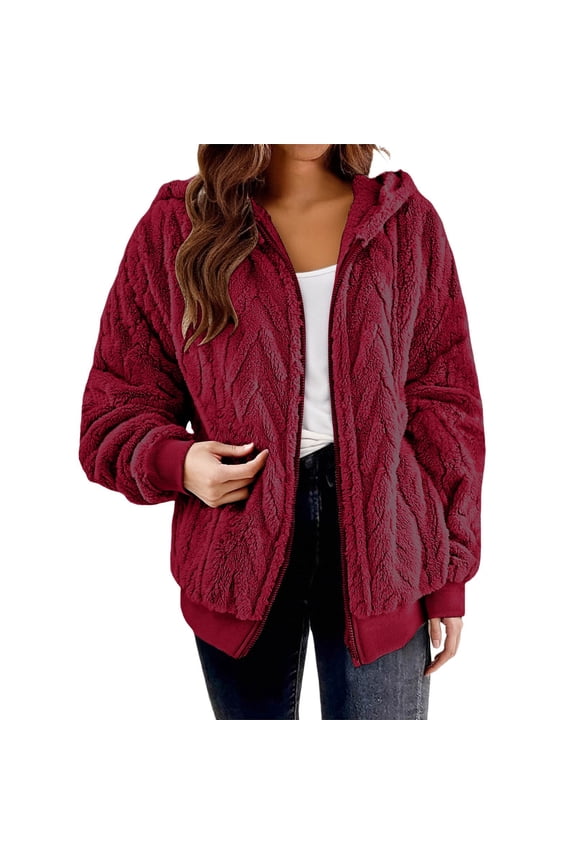 Plus Size Jackets for Women Textured Long Sleeve Hooded Jackets Zip Up Coats with Pockets Casual Warm Clothes