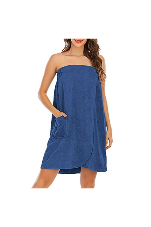 Plus Size Robes for Women Cozy Soft Strapless Warm Bathrobe with Front Pockets Casual Housecoat Blue L