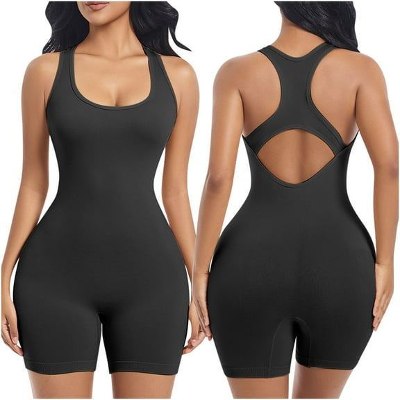 Riecok Plus Size Shapewear Bodysuit Seamless Stretchy Sleeveless Jumpsuits Solid Spaghetti Strap Workout Yoga Shapewear