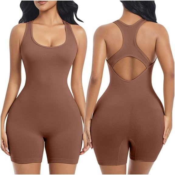 Riecok Plus Size Shapewear Bodysuit Seamless Stretchy Sleeveless Jumpsuits Solid Spaghetti Strap Workout Yoga Shapewear