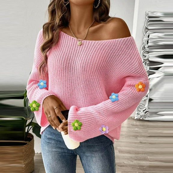 Riecok Plus Size Sweater for Women Long Sleeves Crewneck Off-shoulder Oversized Fall and Winter All-match Casual Fashion Sweaters Pink L