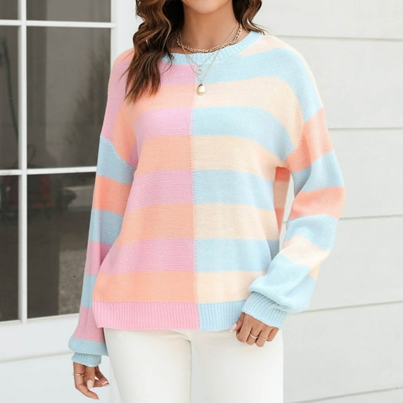 Riecok Plus Size Sweater for Women Long Sleeves Crewneck Striped Sweater Color Block Fall and Winter All-match Casual Fashion Sweaters Pink L