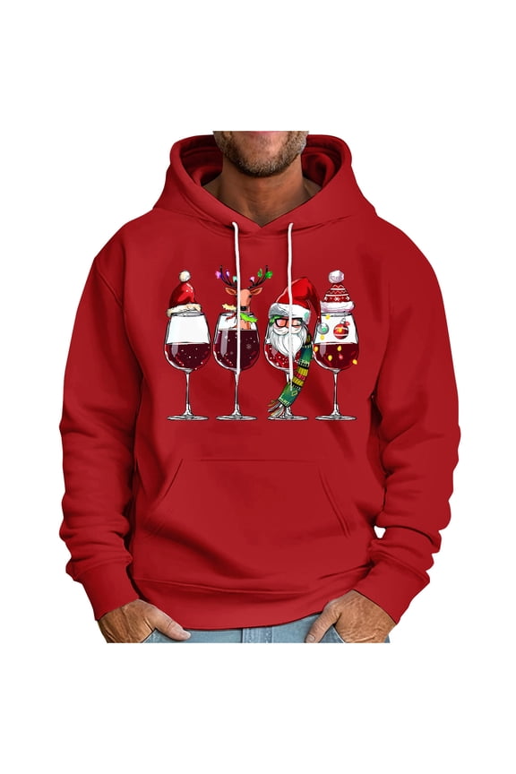 Plus Size Sweatshirts for Men Long Sleeve Hooded Pullover Tops Red Wine Glass Print Baggy Casual Clothes Drawstring