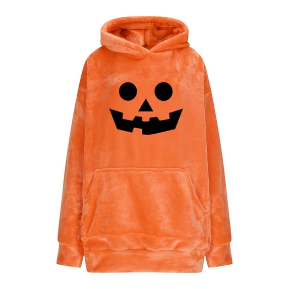 Riecok Plushible Wearable Hoodie Flannel Oversized Long Sleeve Pumpkin Sweatshirt with Pocket Cozy Soft Halloween Clothes
