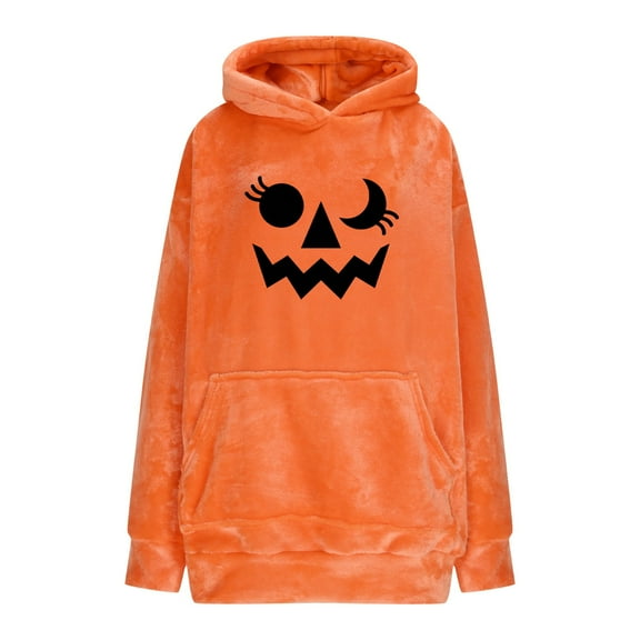 Riecok Plushible Wearable Hoodie Flannel Oversized Long Sleeve Pumpkin Sweatshirt with Pocket Cozy Soft Winter Clothes
