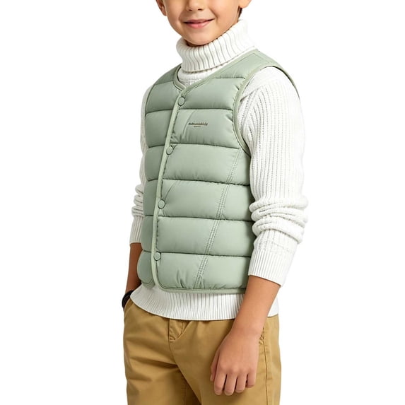 Riecok Puffer Vest for Boys Sleeveless Crewneck Button down Quilted Jackets Thermal Solid Warm Winter Outerwear Army Green 9-10T
