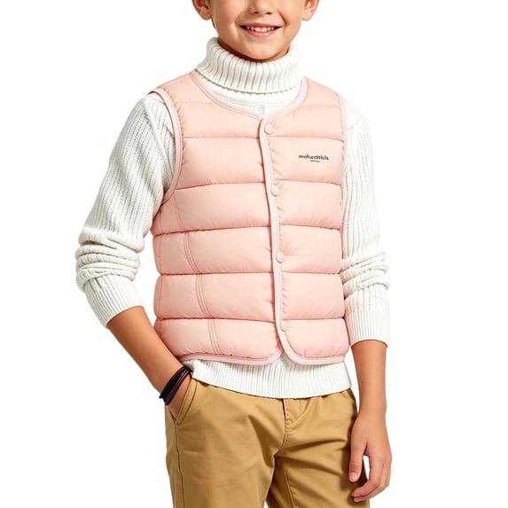 Riecok Puffer Vest for Boys Sleeveless Crewneck Button down Quilted Jackets Thermal Solid Warm Winter Outerwear Pink 1-2T