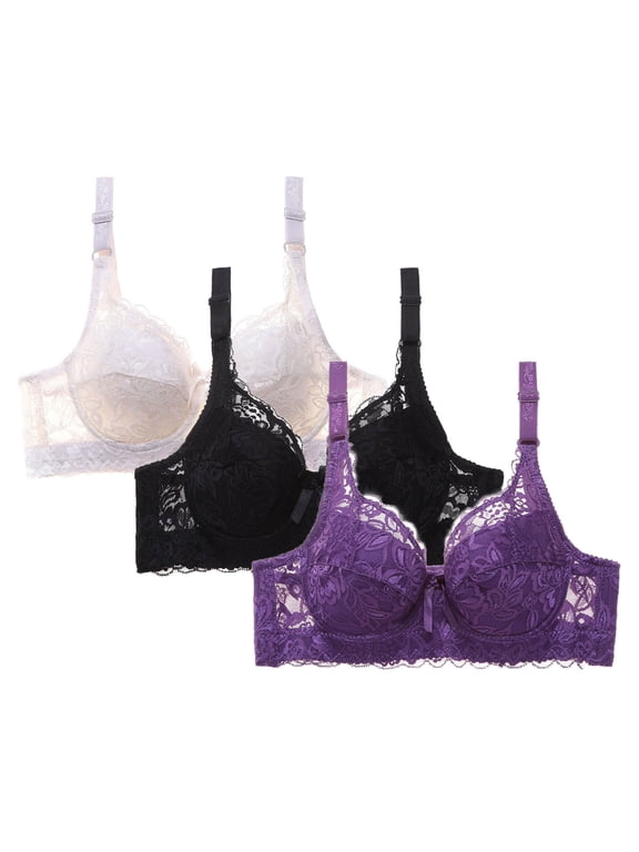 Push up Bras for Women Lace 3 Pack Underwire Bras Stretch Full Coverage Bras Breathable Comfortable Bras