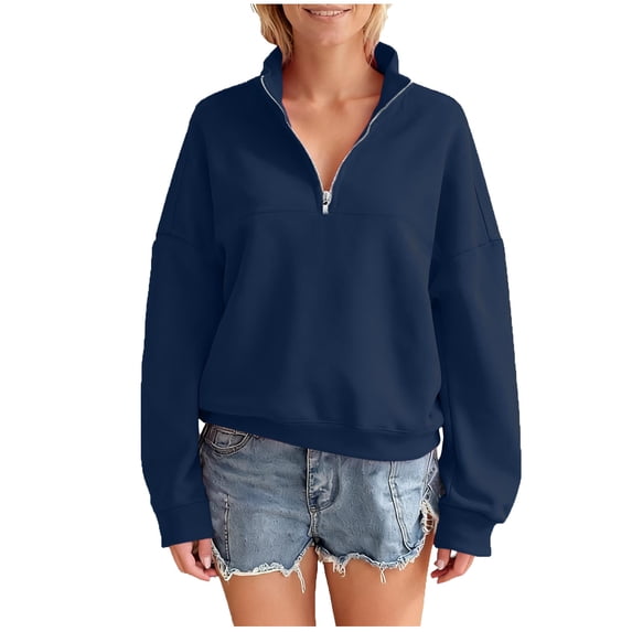 Riecok Quarter Zip Sweatshirt Women Plus Size Mock Neck Long Sleeve Pullover Tops Solid Color Cozy Fall Clothes