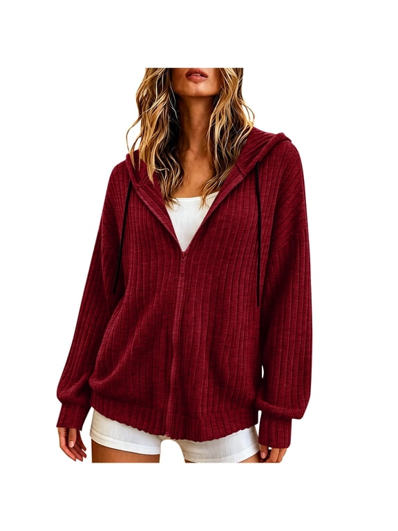 Ribbed Jacket Women Hooded Zip up Jackets Solid Long Sleeve Drawstring Coats Warm Winter Outerwear Red S
