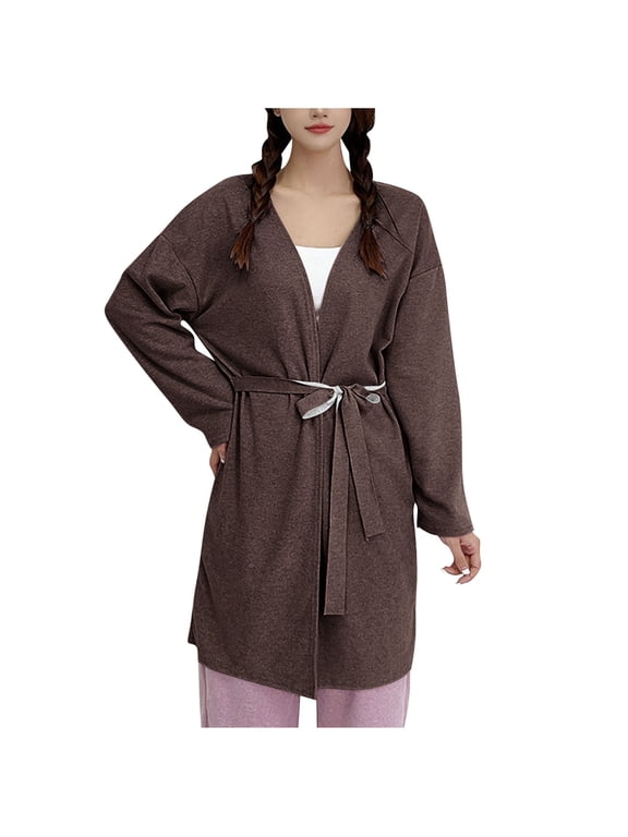 Robes for Women Plus Size Cozy Soft Long Sleeve Warm Bathrobe with Tie Closure Comfortable Nightdress Coffee M