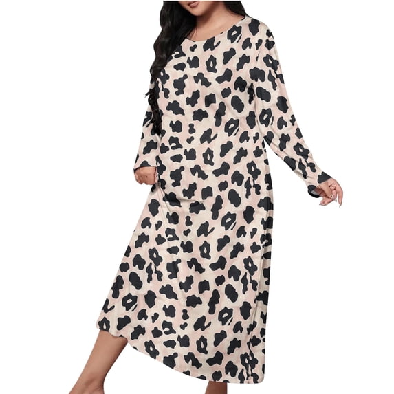 Riecok Robes for Women Plus Size Cute Printed Crewneck Long Sleeve Loungewear Soft Cozy Long Length Sleepwear