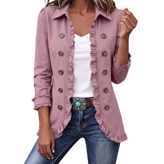 Riecok Ruffle Jacket Women Long Sleeve Open Front Coats Lapel Collar Button Trim Jackets Casual Fall Outerwear M