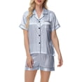 thumbnail image 1 of Riecok Satin Pajama Set for Women Lapel Loungewear Set Short Sleeve Button down Shirts and Pants Striped Soft Cozy Sleepwear, 1 of 5