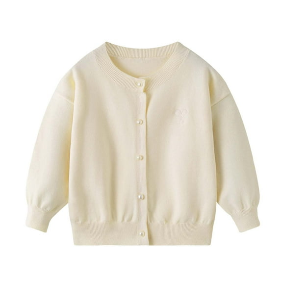 Riecok School Cardigan for Girls Crewneck Long Sleeve Knit Solid Color Button down Kint Sweaters Beige 4-5Years