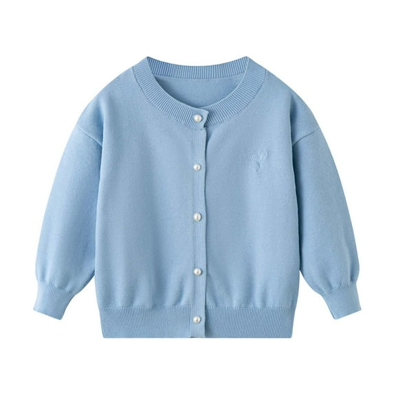 Riecok School Cardigan for Girls Crewneck Long Sleeve Knit Solid Color Button down Kint Sweaters Blue 7-8Years