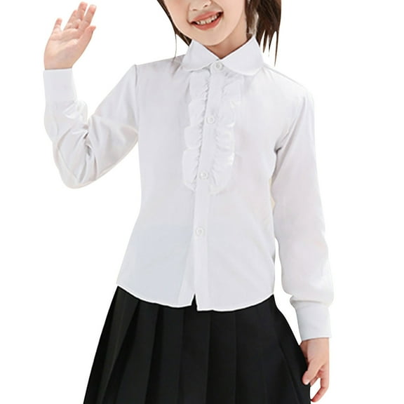 Riecok School Uniform Shirt for Girl Lapel Collared Solid Button up Blouse Long Sleeve Basic Dress Tops