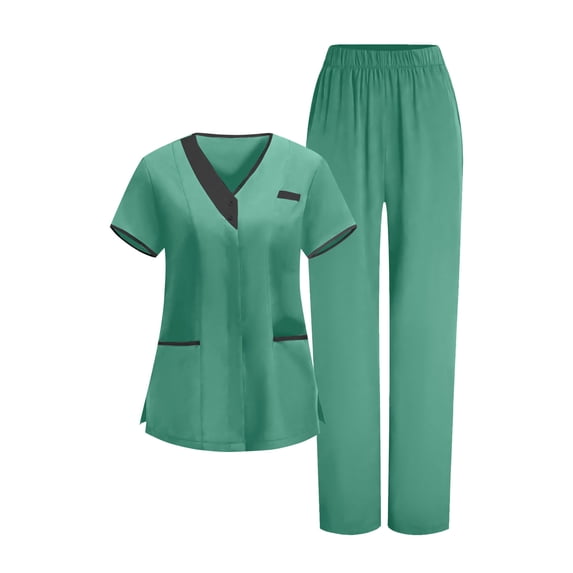 Riecok Scrub Sets for Women 2 Pack V Neck Short Sleeve Tops and Pant Solid Comfortable Lightweight Workwear