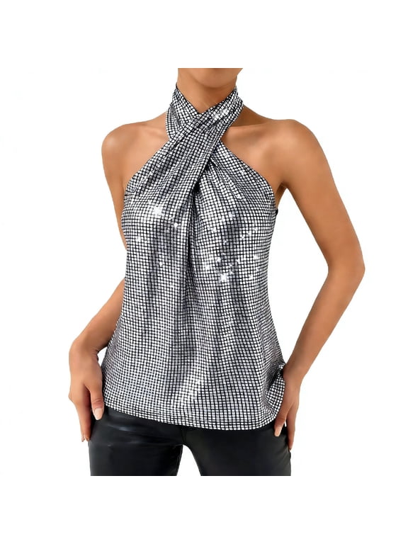 Sequin Halter Tops for Women Shiny Sleeveless Sparkly Shirts Evening Party Holiday Blouse L