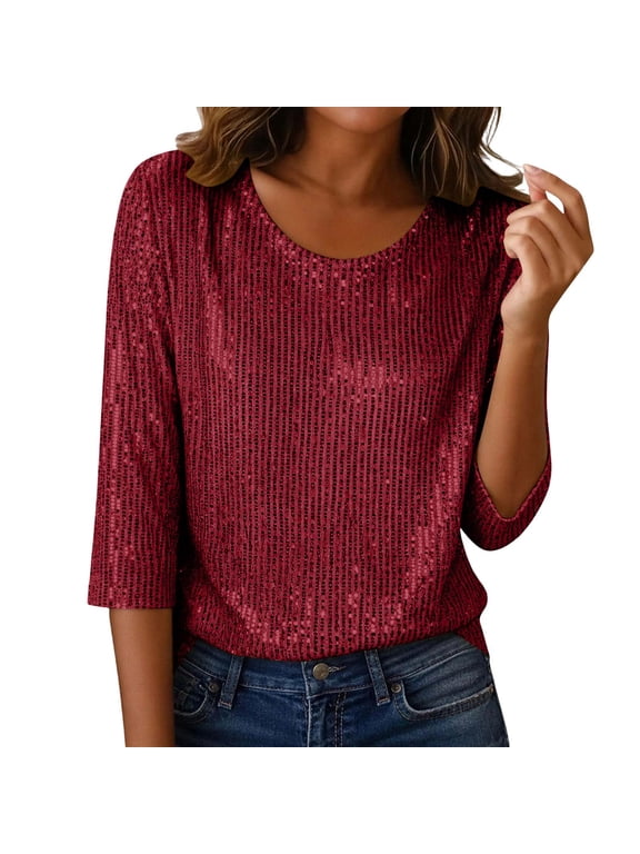 Sequin Shirts for Women Dressy Shiny 3/4 Sleeve Sparkly Tops Crewneck Evening Party Holiday Blouse S