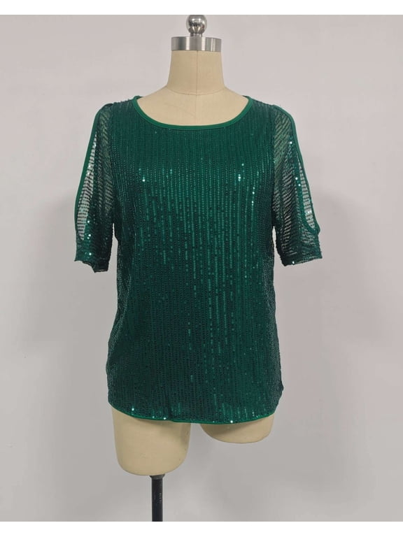 Sequin Tops for Plus Size Women Short Sleeve Sparkly Shirts Crewneck Evening Party Holiday Blouse XL