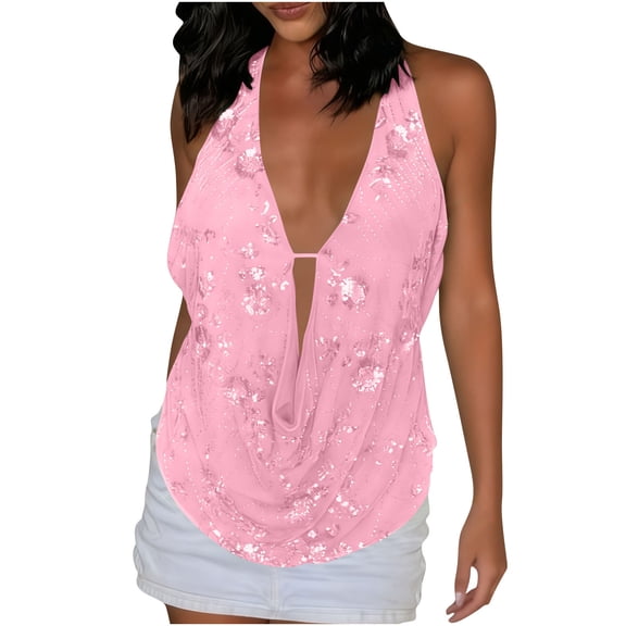 Riecok Sequin Tops for Women Sparkling Solid Deep V Neck Pullover Shiny Sleeveless Shirts Dancing Party Blouses