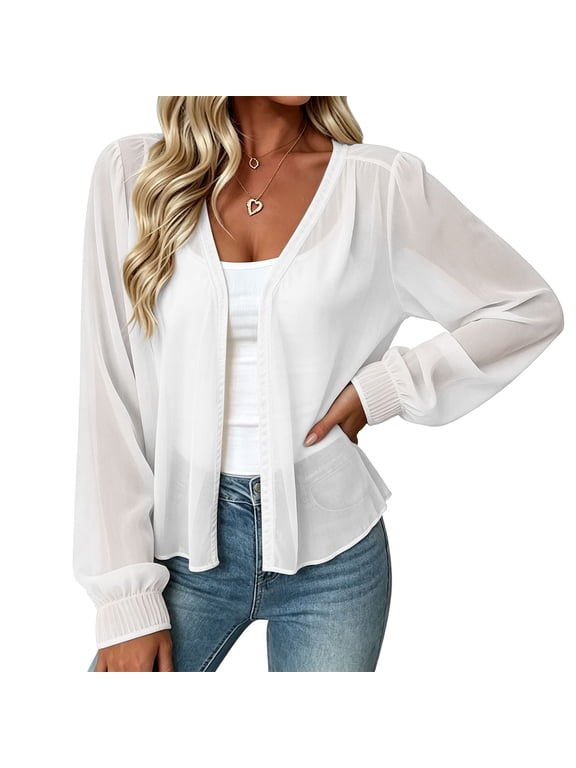 Sheer Cardigans for Women Open Front Long Puffer Sleeve Shawl Top Lightweight Chiffon Cover Up Blouse Summer Beach Wear