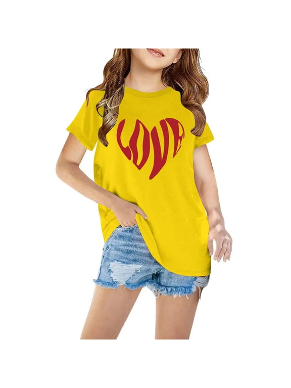 Shirts for Girls Short Sleeves Crewneck Casual Comfortable Soft Top Shirt Kids Clothes Yellow 4 T