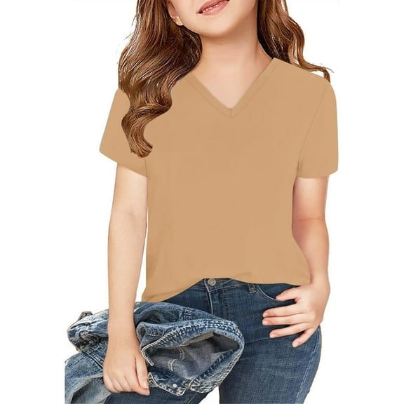 Riecok Shirts for Girls Short Sleeves V-Neck Casual Comfortable Soft Fashion Undershirts Tee Shirt Top Kids Blouse Beige 11 T