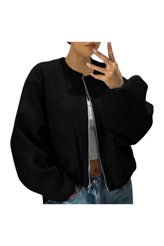Short Jackets for Women Long Sleeve Jackets Zip Up Cropped Coats with Pockets Casual Comfortable Outerwear