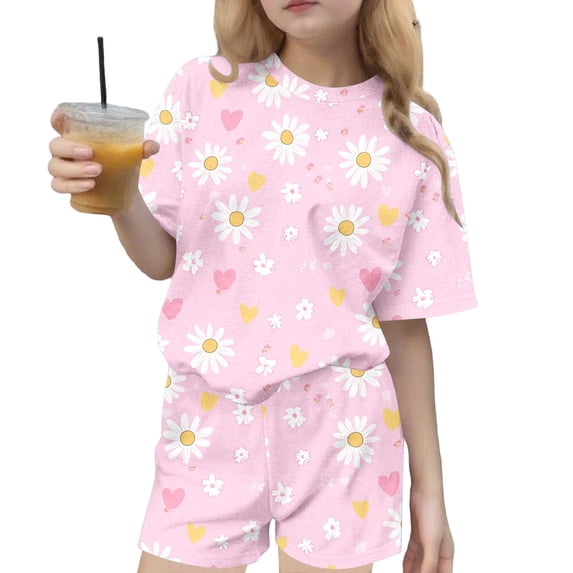 Riecok Short Outfits for Girls 2 Piece Travel Sets Crewneck Short Sleeve Tops and Shorts Vacation Lounge Sets Multicolor 13-14T