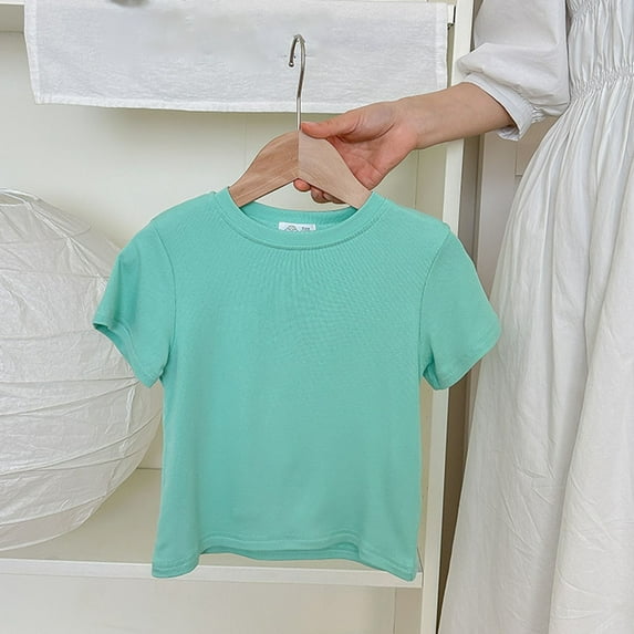 Riecok Short Tops Sleeve Shirts for Girls Printed Tops Comfortable Solid Color T-shirt Boy Girl Short Fashion Loose Western Style Top Indoor Outdoor Party Performance Green 140