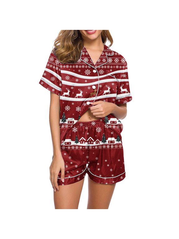 Shorts Pajama Set Women Christmas Snowflakes Print 2 Piece PJs Sleepwear Button down Shirt and Shorts Holiday Nightwear