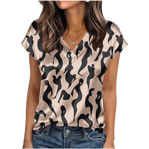 Riecok Silk Satin Shirt Womens Cap Short Sleeve V Neck Pullover Trendy Printed Tunic Tops Summer Blouses