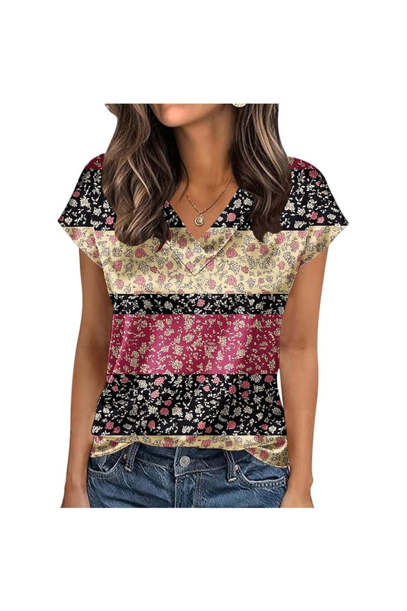 Silk Satin Shirt Womens Cap Short Sleeve V Neck Pullover Trendy Printed Tunic Tops Summer Blouses